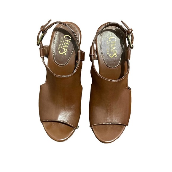 Chaps Women's Sarista Brown Vegan Leather Peep Toe Heels Studded Accents Size 6B - Picture 3 of 8